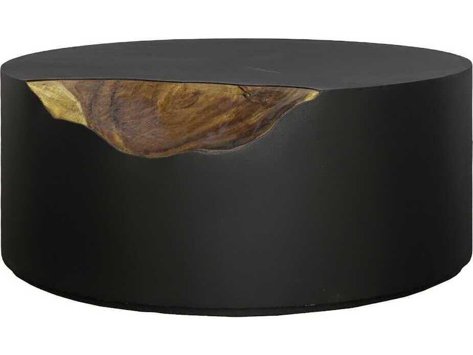 Cornered Round Coffee Table in Black Iron and Natural Chamcha Wood