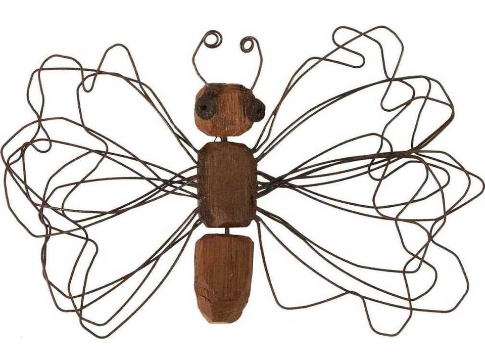 Wire Wing Butterfly Small Metal Wall Art in Natural Wood