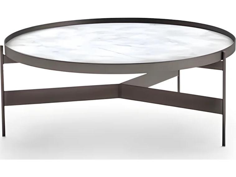 Abaco Round Coffee Table Calacatta Matt Marble Glass Top Titanium Base