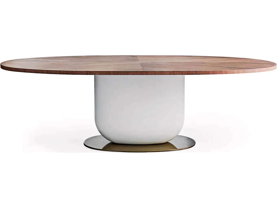 Ettore 94-Inch Oval Wood Walnut Dining Table with Fog Grey Pillar and Glossy Bronze Base