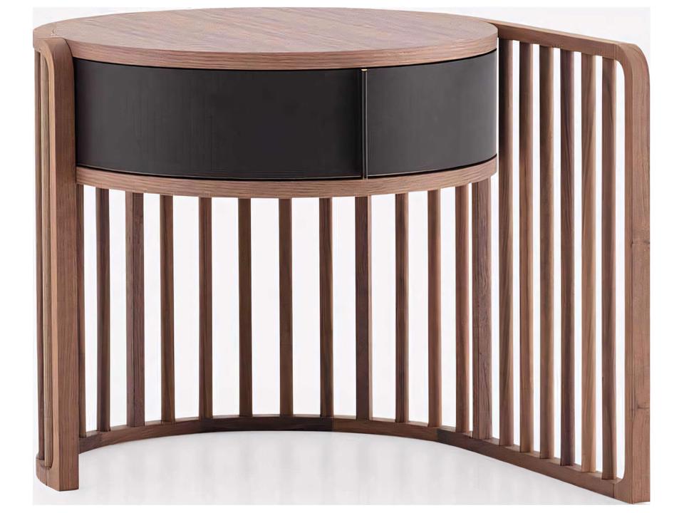 Palu Modern Nightstand in Black Walnut Wood with Dark Brown Leather Drawer