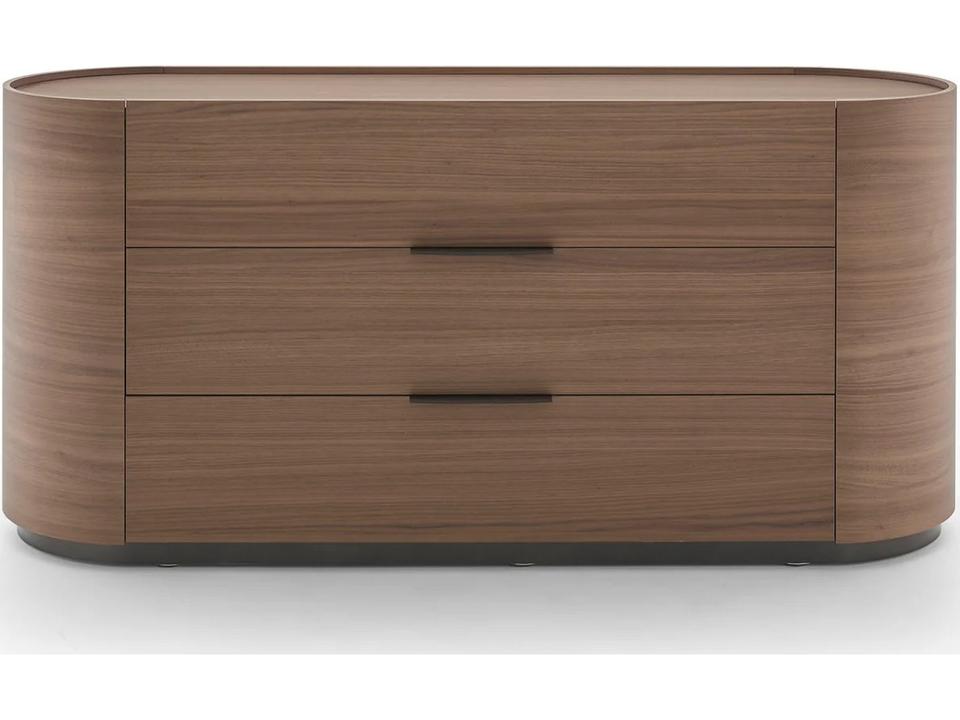 Dedalo 3-Drawer Dresser 67 Inch Walnut with Titanium Glossy Plinth and Brown Hard Leather Handle
