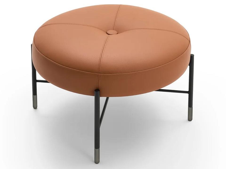 Mambo Round Ottoman in Polo 14 Leather with Matte Black Frame