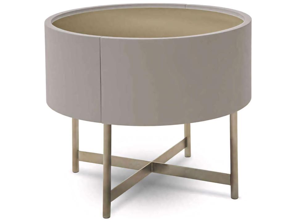 Dedalo 1-Drawer Round Nightstand with Ecru Matt Lacquer Bronze Glass Champagne Metal