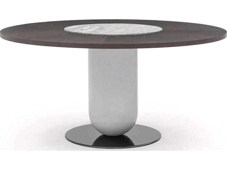 Ettore Round 63 Inch Dining Table with Burnt Oak Wood Top and Marble Lazy Susan
