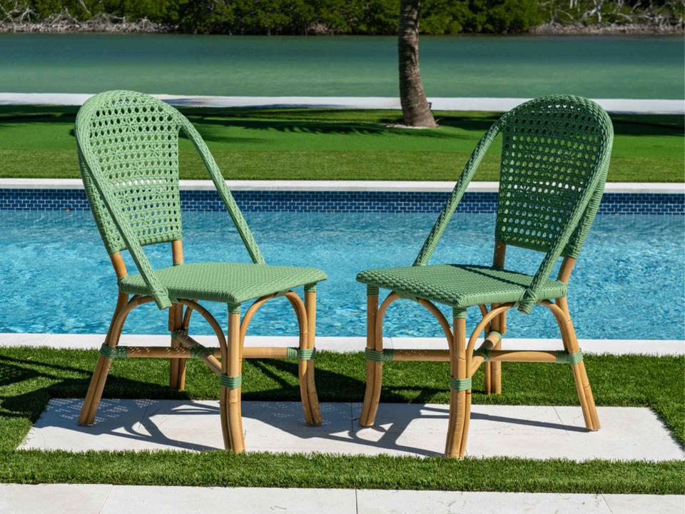 Chloe Set 2 Dining Side Chairs in Green and Natural Rattan
