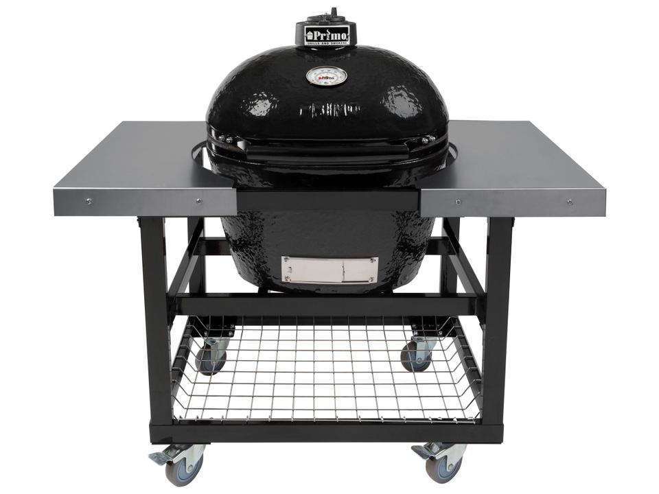 Primo Oval Large Charcoal Grill with Stainless Steel Cart and Shelves
