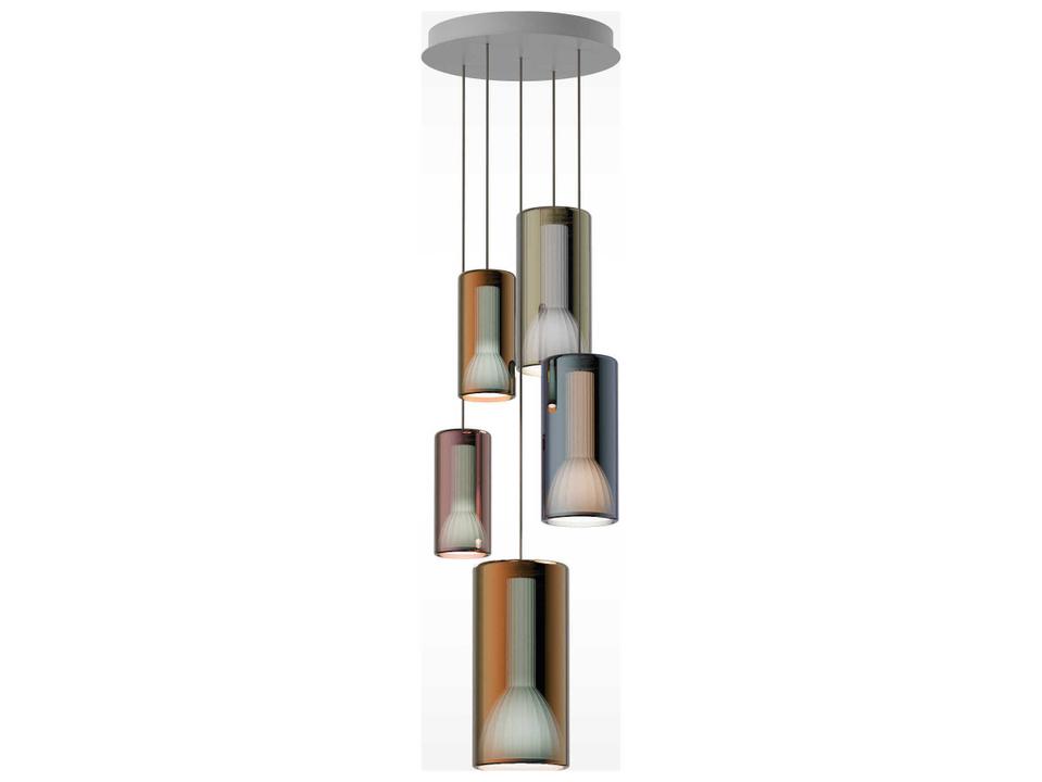 Lit 5-Light Orange Blue Gold Violet Cylinder Pendant