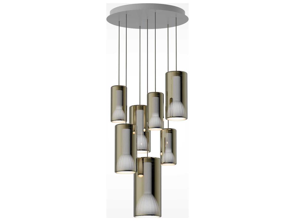 Lit 7-Light Mirroring Gold Cylinder Cluster Pendant