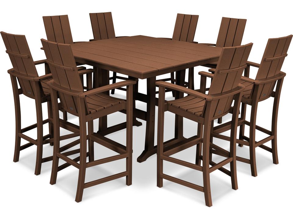 POLYWOOD Modern 9-Piece Bar Dining Set Recycled Plastic with 8 Adirondack Chairs and Trestle Table