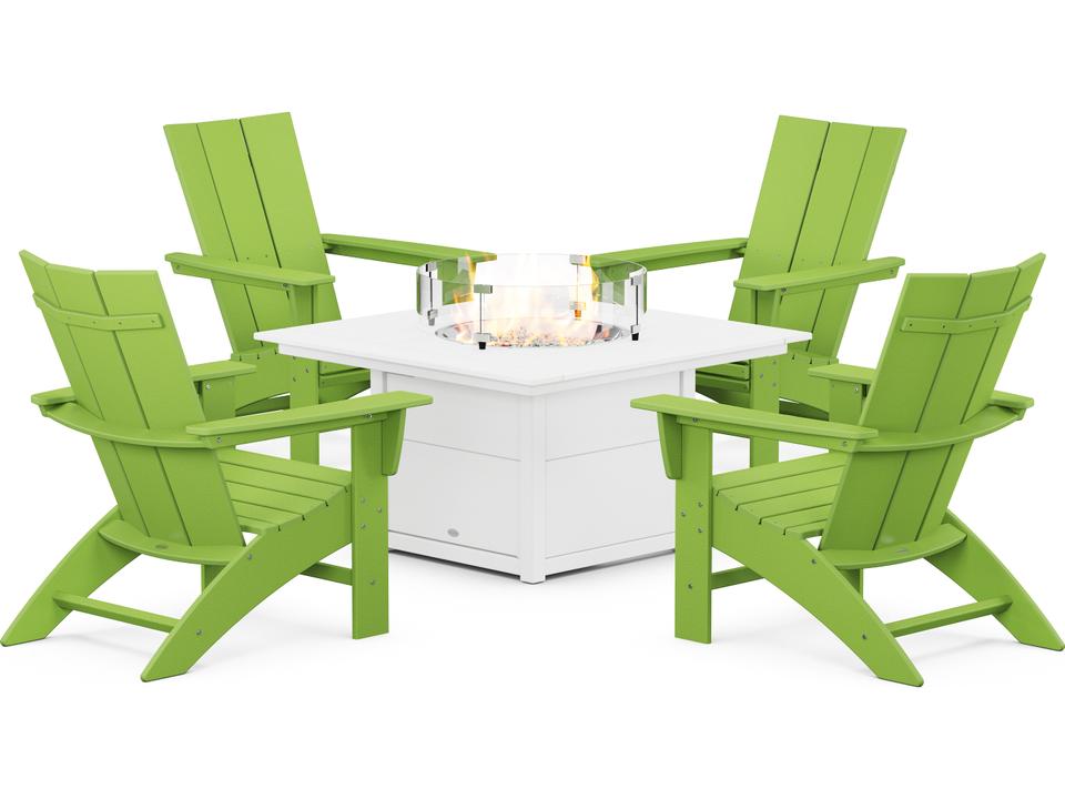 POLYWOOD Modern Curveback Adirondack 5-Piece Outdoor Conversation Set with Fire Table