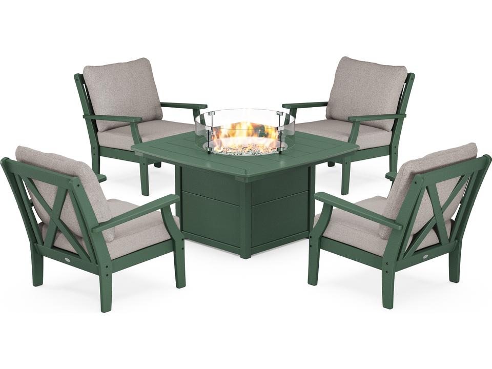 POLYWOOD Braxton 5-Piece Outdoor Deep Seating Lounge Set with Fire Pit Table