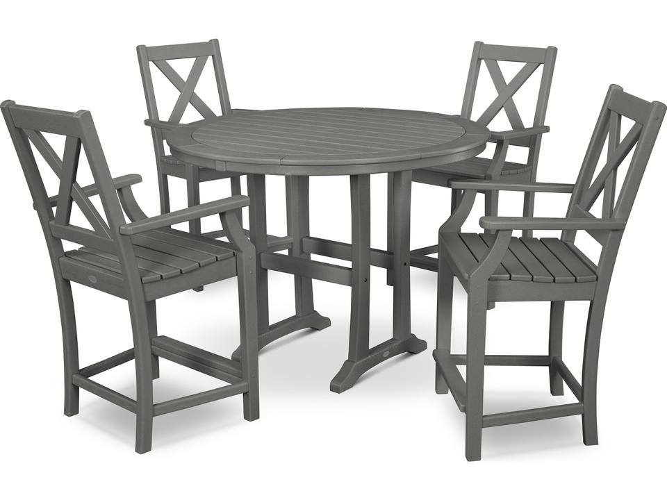 POLYWOOD Braxton 5 Piece Recycled Plastic Counter Set with Round Table and Arm Chairs