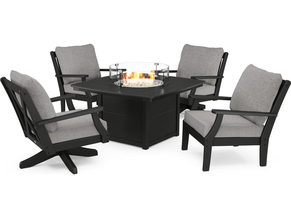 POLYWOOD Braxton 5-Piece Recycled Plastic Deep Seating Lounge Set with Fire Pit Table