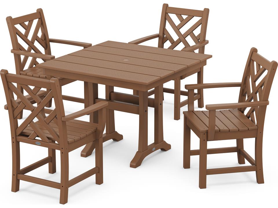 POLYWOOD 5-Piece Chippendale Recycled Plastic Outdoor Dining Set with Farmhouse Trestle Table