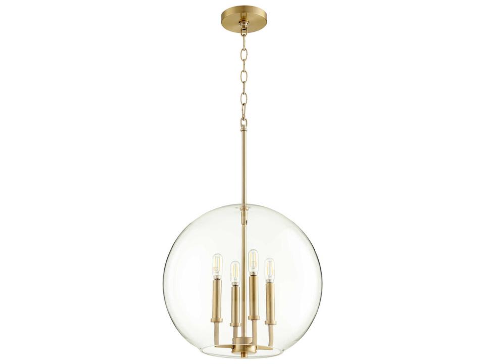 4-Light Aged Brass Globe Chandelier with Clear Glass Shade