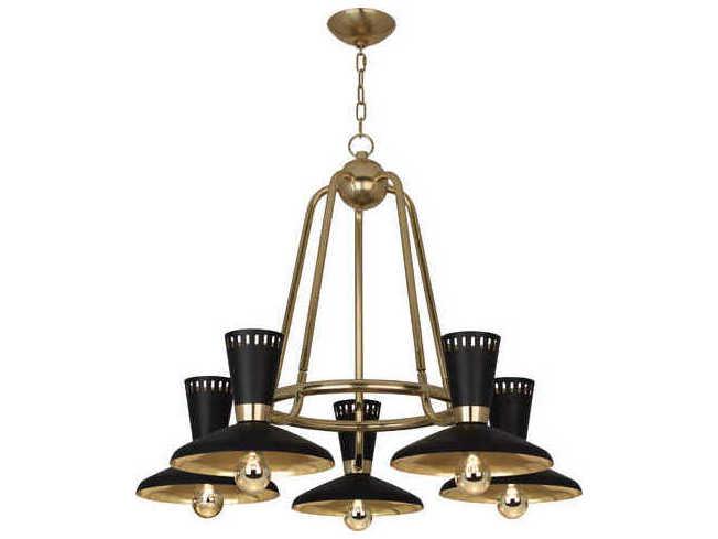 Vortex 5-Light Chandelier in Modern Brass with Matte Black Metal Shades