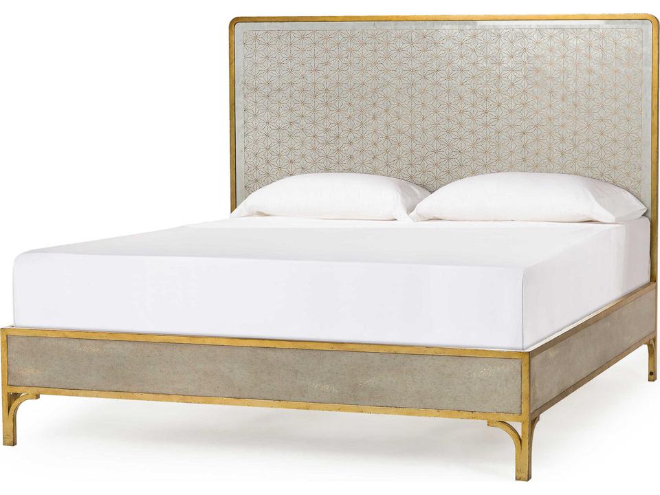 Gilded Glass Queen Platform Bed with Eglomise and Gold Silver Beech Wood
