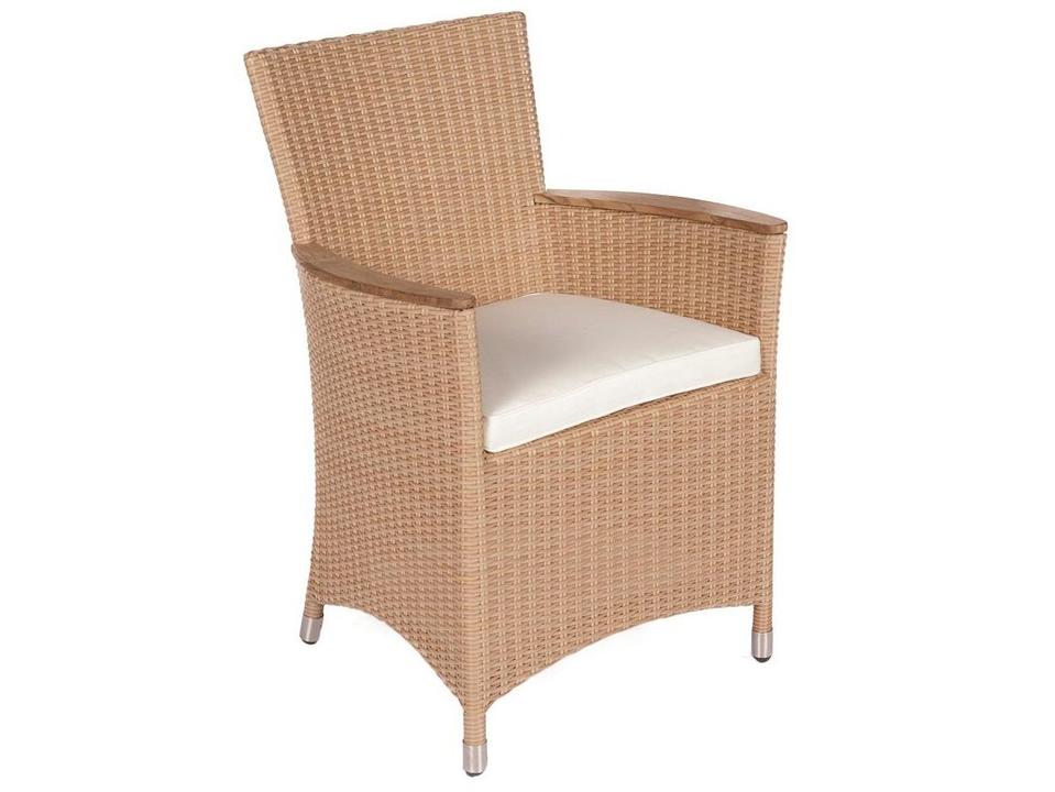 Helena Wicker Dining Armchair with Teak Arms and White Cushion