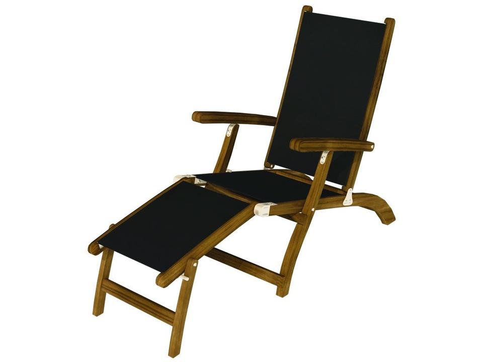 Sling Steamer Folding Teak Outdoor Chaise Lounge with Black Sling