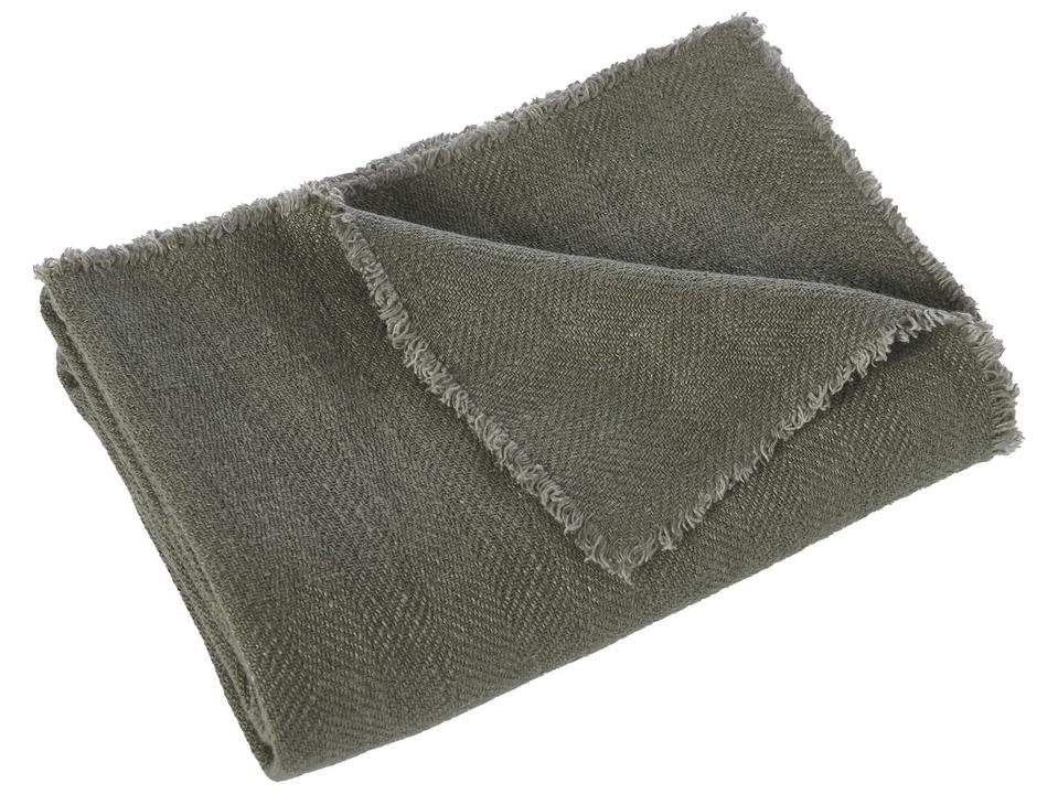 Vernier Linen Throw Blanket in Dark Green with Frayed Edges