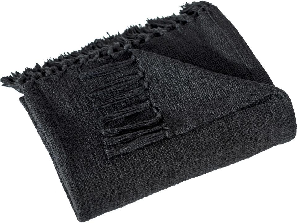 Carnelia 50x70 Inch Cotton Woven Throw Blanket in Black with Fringed Trim
