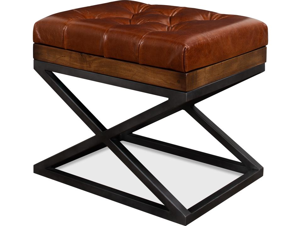 Leather Cushion Bench with Iron X-Base and Brown Upholstery