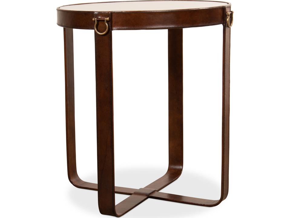 Leather Harness Round End Table in Antique Brown