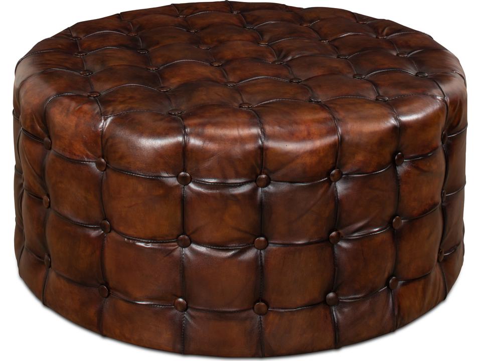 Leather Tufted Round Ottoman in Brown Antique Finish