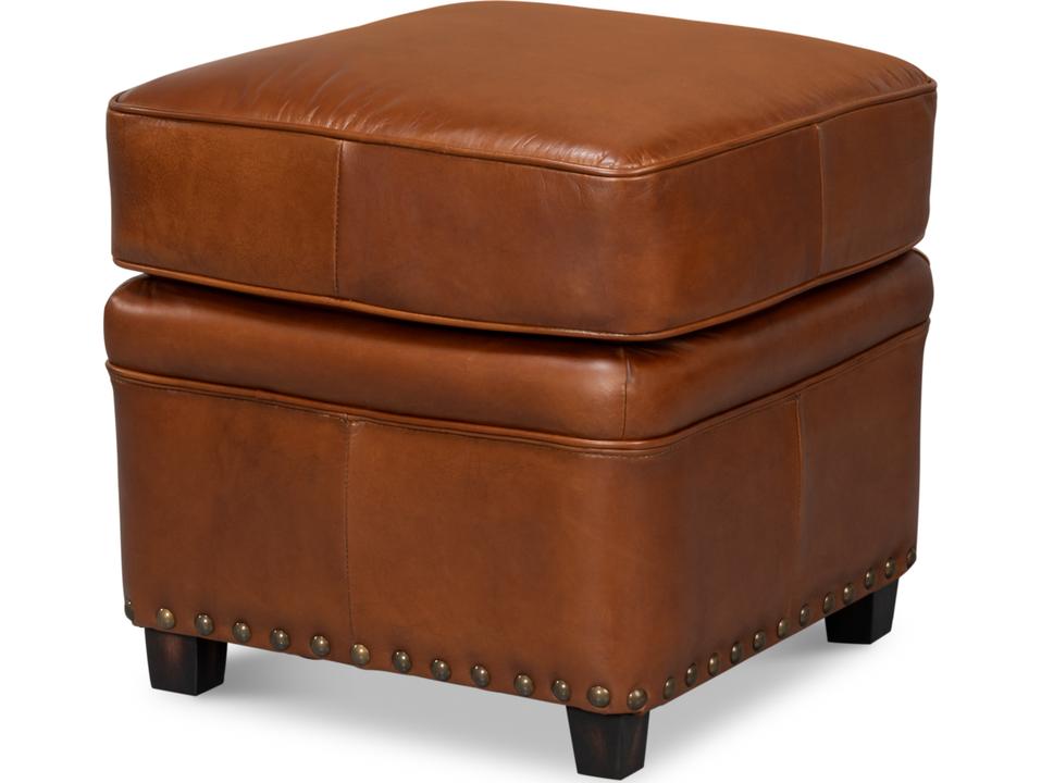 Papa's Ottoman Vintage Havana Leather with Nailhead Trim