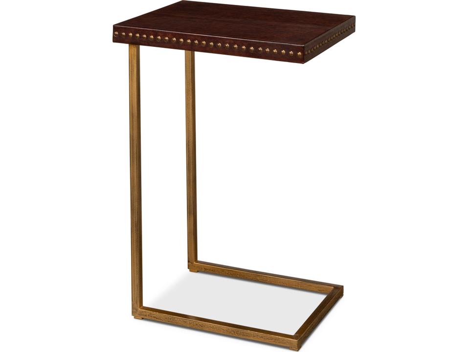 Transitional Laptop End Table Brown Leather Antique Brass
