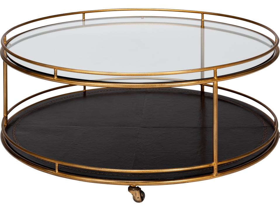 Sarreid Trolley Round Coffee Table with Glass and Leather Shelves in Gold