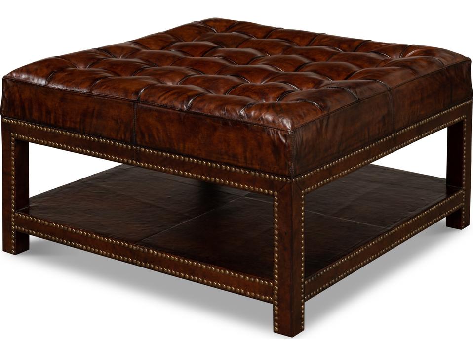 Vintage Tufted Old Brown Leather Ottoman with Brass Tacks