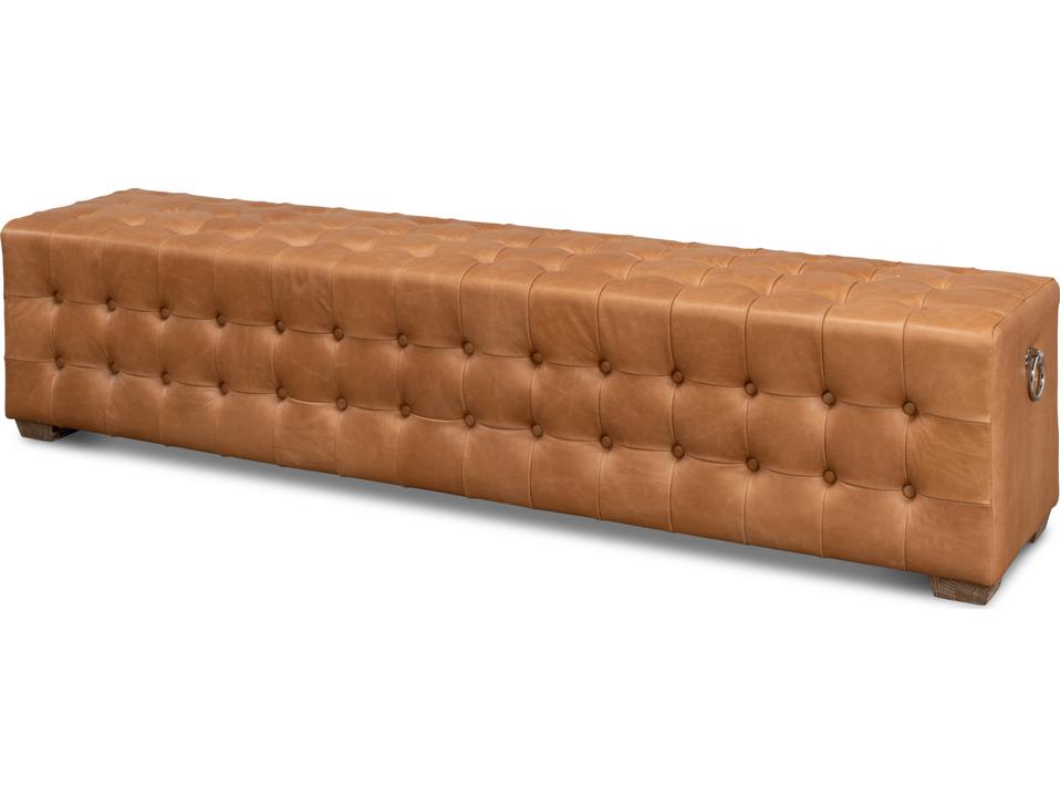 Beam Tufted Leather Bench in Light Brown with Whitewash Oak