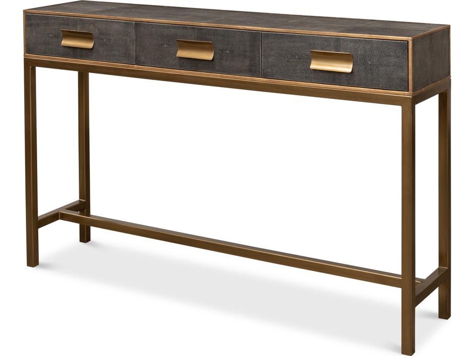 Gideon Shagreen Console Table in Antique Grey with Gold Trim