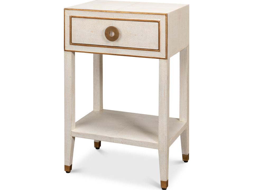 Gabriella Shagreen Nightstand in Osprey White with Brass Hardware