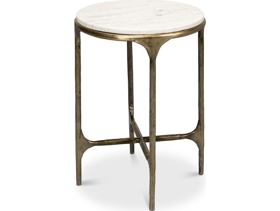 Gimlet Round End Table Iron and Marble Top White and Brass