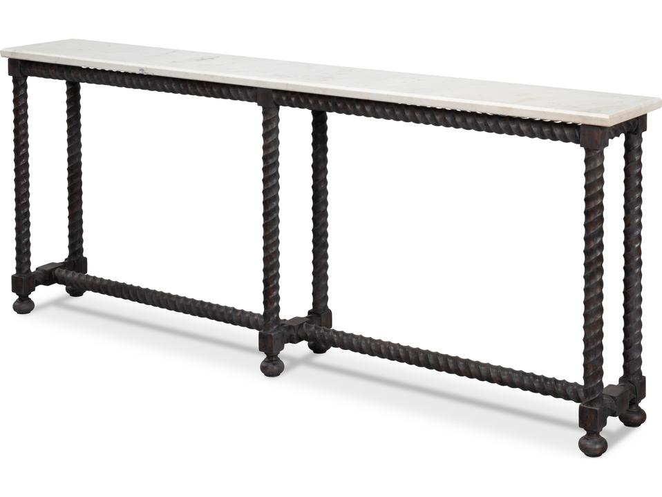Barley Console Table with Acacia Wood and White Banswara Marble Top