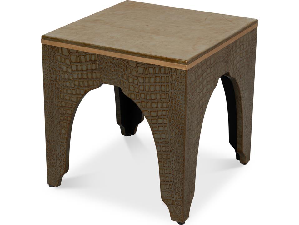 Croco Embossed Leather Stool in Antique Green