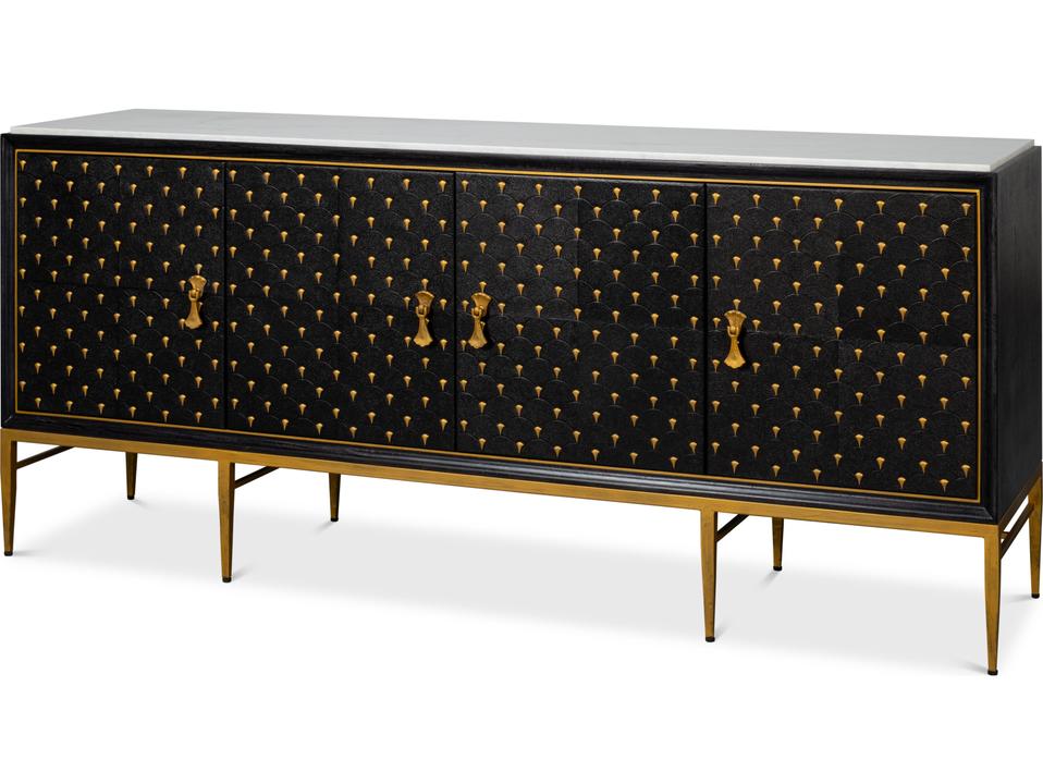 Palisade Shagreen Credenza with Italian Statuario Marble and Black Finish
