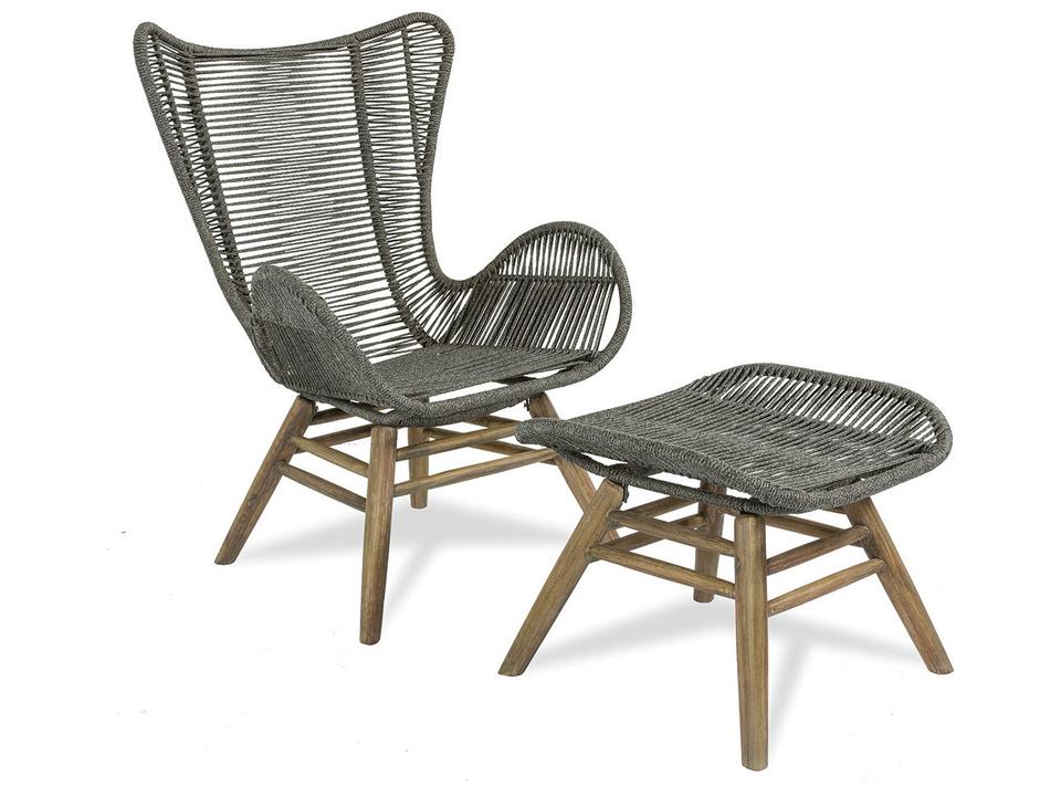 Explorer Oceans Neptune Lounge Chair and Ottoman Set in Mixed Gray Rope and Eucalyptus Wood