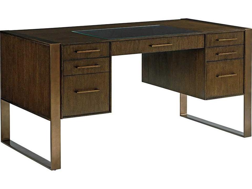 Cross Effect Oak Wood Computer Desk with 7 Drawers and Metal Legs