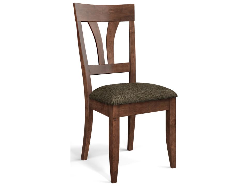 Model 56 Armless Upholstered Dining Side Chair in Java Finish and Beige Fabric