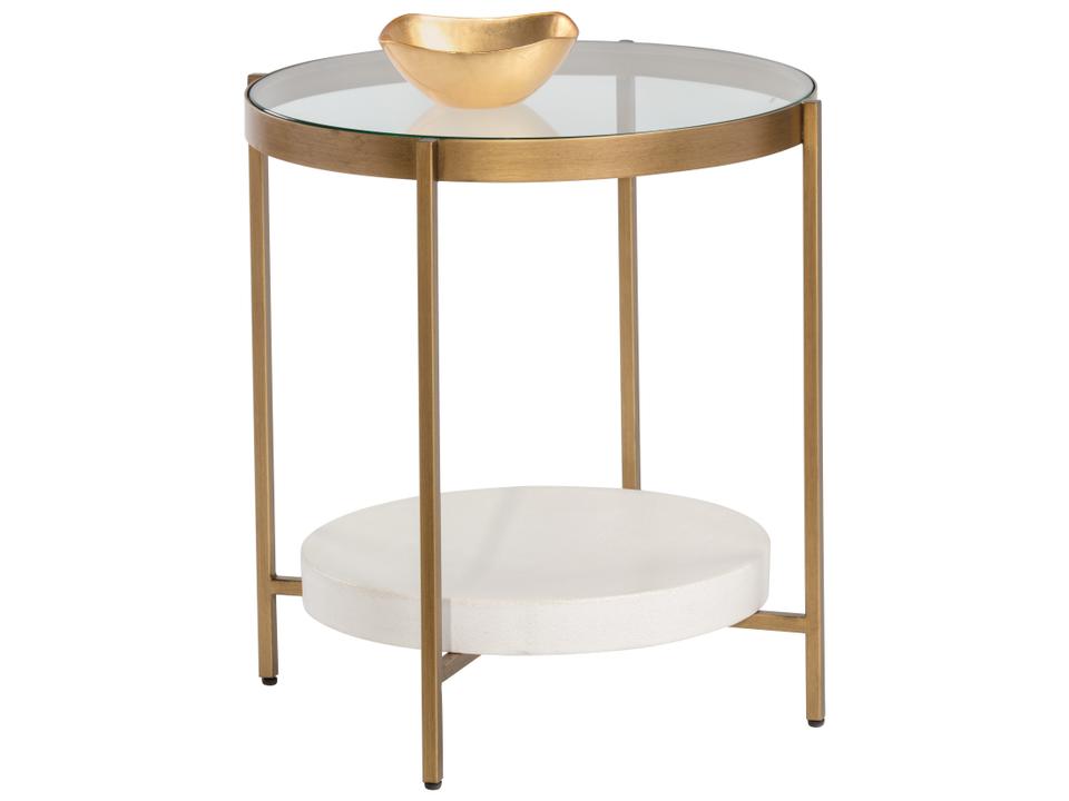Gia Round Glass End Table in Clear and Antique Brass