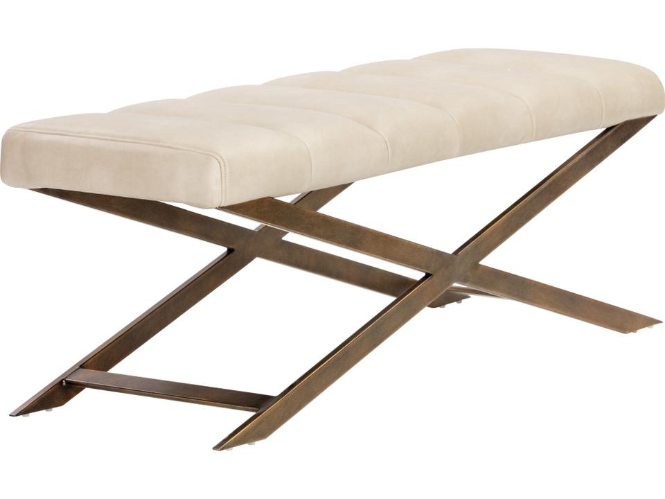 Kammi Channel Tufted Faux Leather Bench in Bravo Cream and Antique Brass