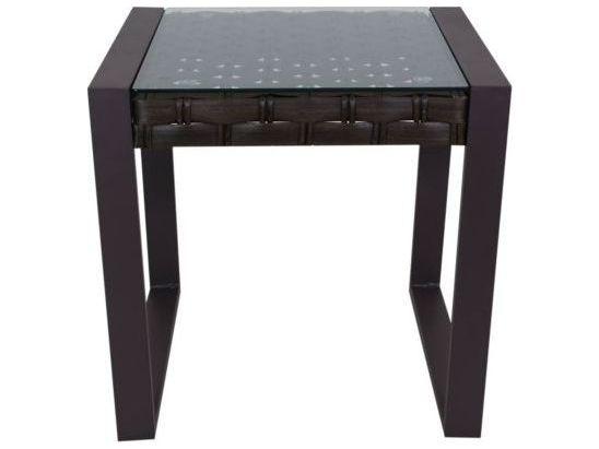 Cambridge Aluminum Wicker Square Glass Top End Table in Brown Faux Leather