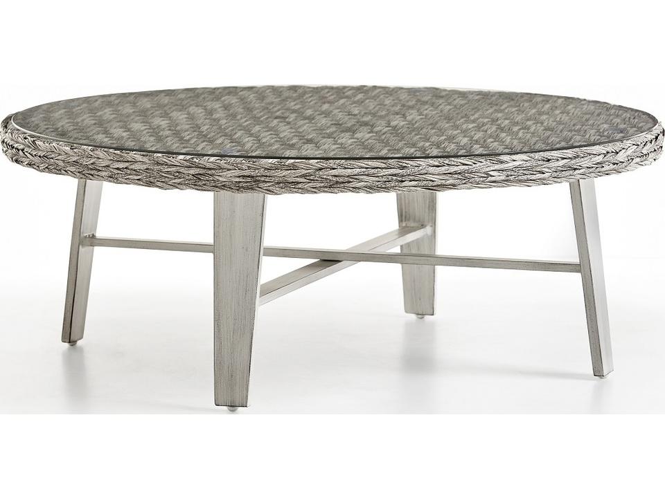 Grand Isle 48-Inch Round Wicker Coffee Table with Glass Top in Dark Caramel
