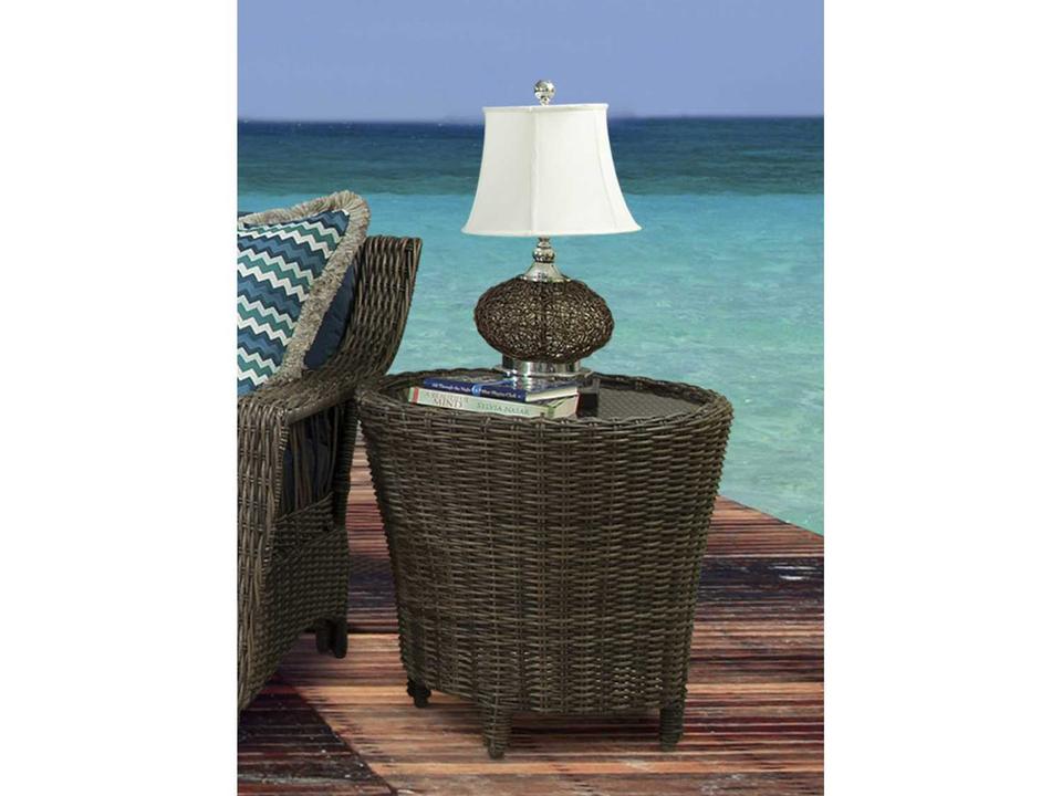 Saint John Wicker Cappuccino Round Glass Top Patio End Table