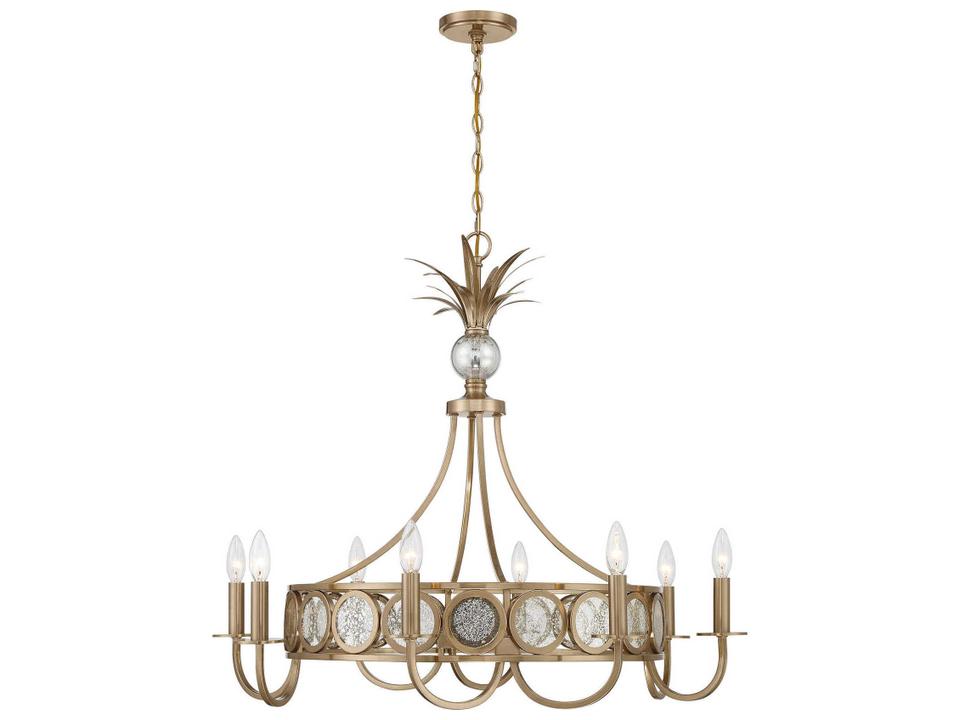 8-Light Hearst Chandelier in Noble Brass with Antique Glass