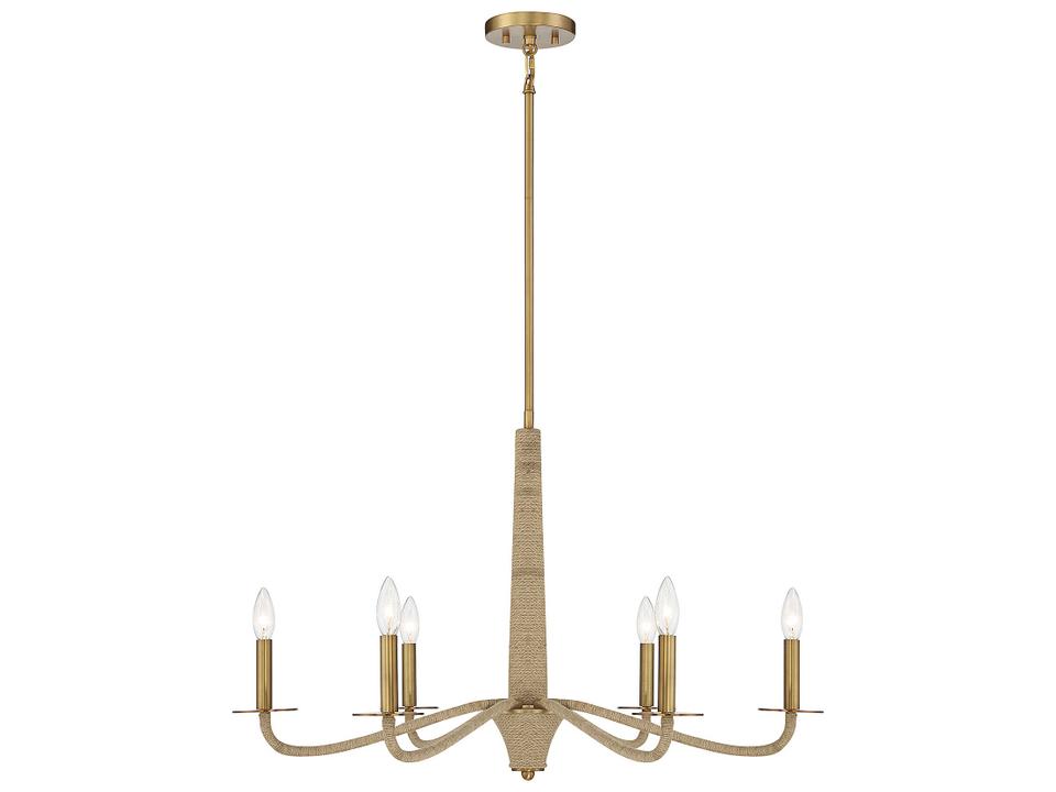 6-Light Cannon Chandelier in Warm Brass and Rope